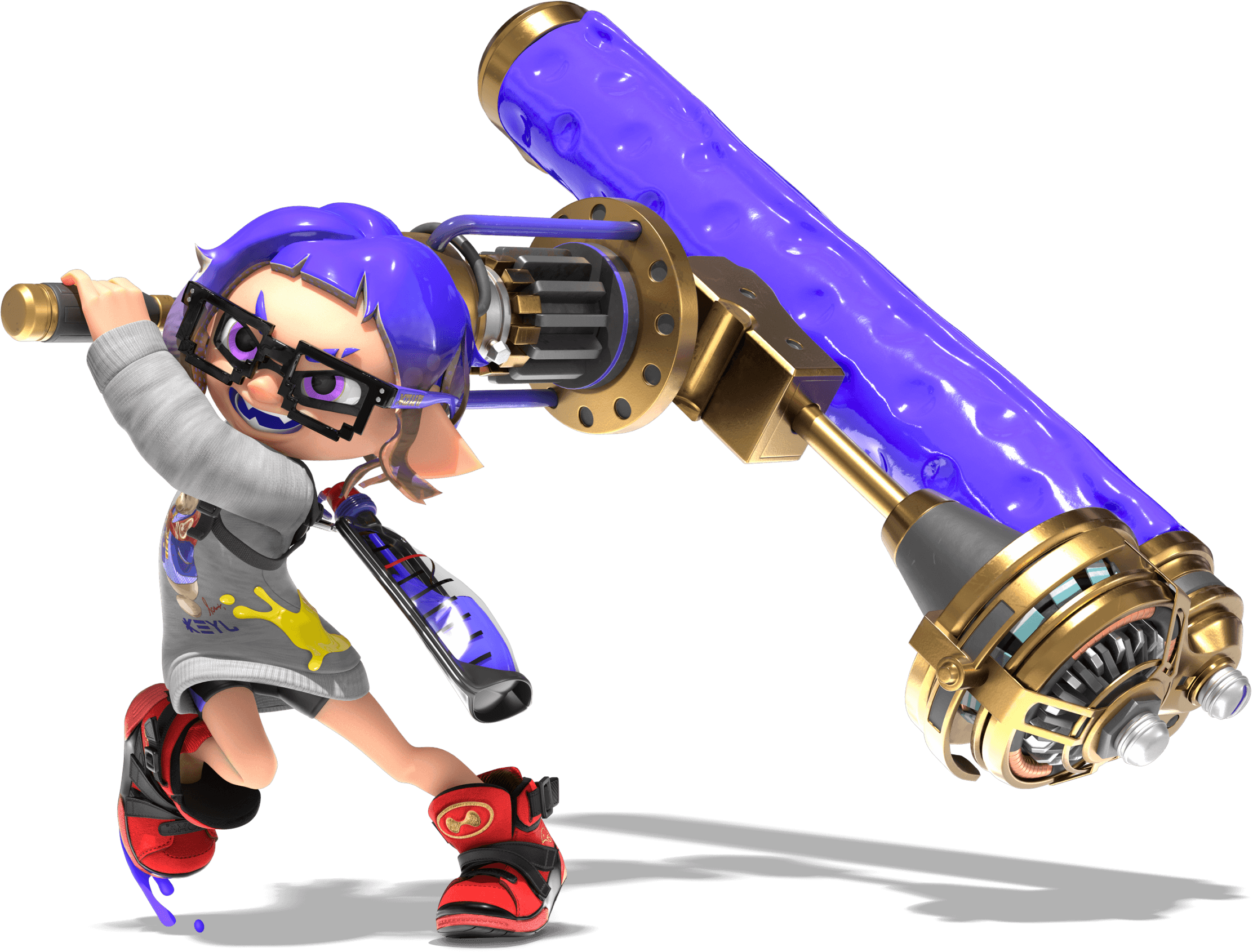 Official 3D art of an Inkling with a Gold Dynamo Roller from Splatoon 3